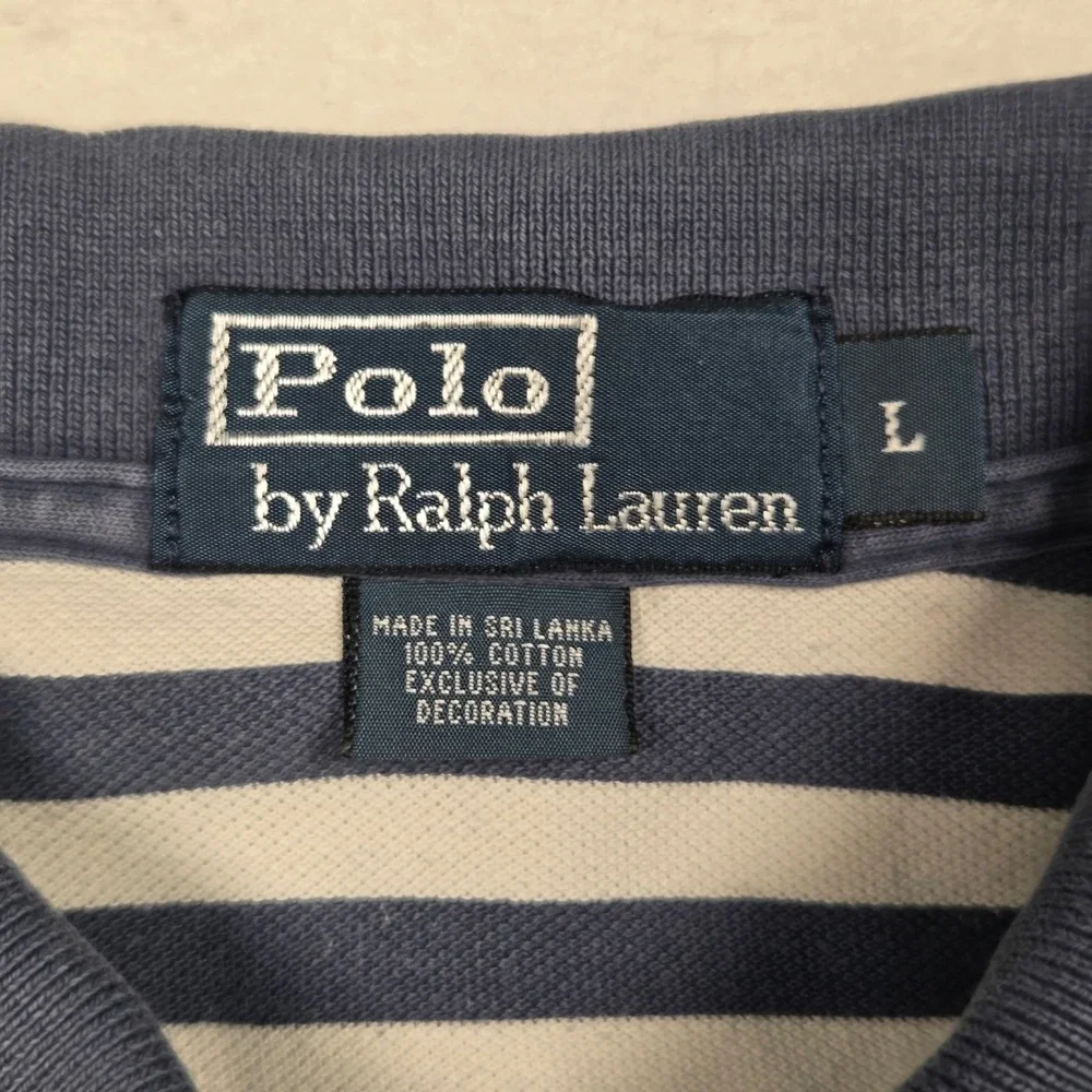 Vintage 90s Polo Ralph Lauren Polo Shirt L Blue White Striped Short Sleeve Vtg